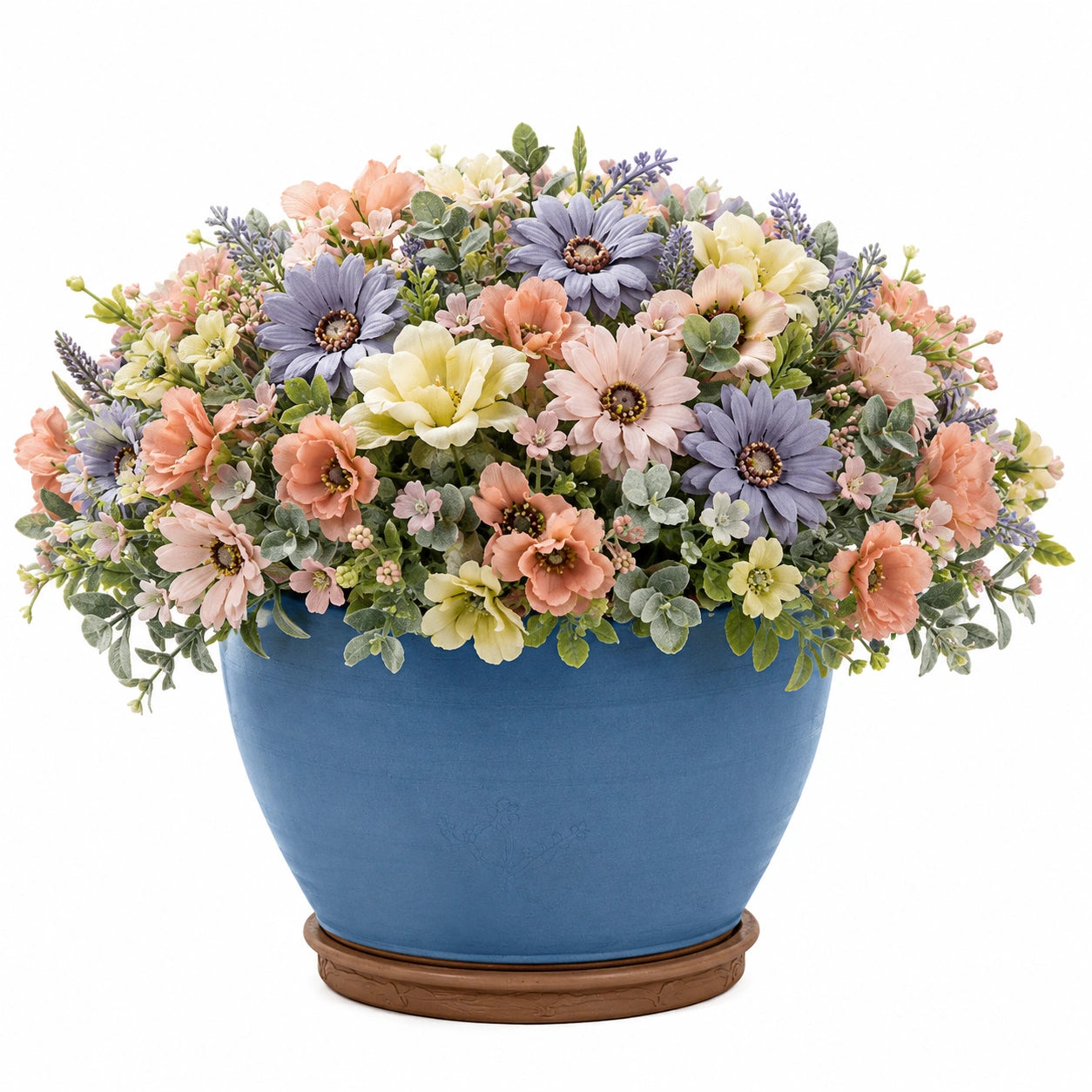 Arrangement Floral Artificiel en Pot Bleu avec Fleurs Multicolores