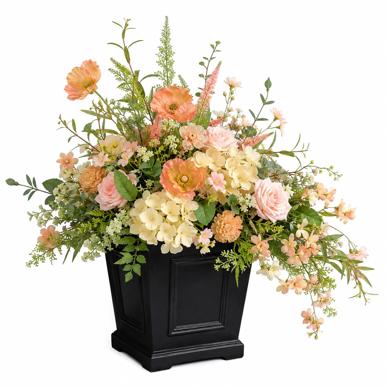 Composition Florale Artificielle Pêche et Crème avec Pot Noir