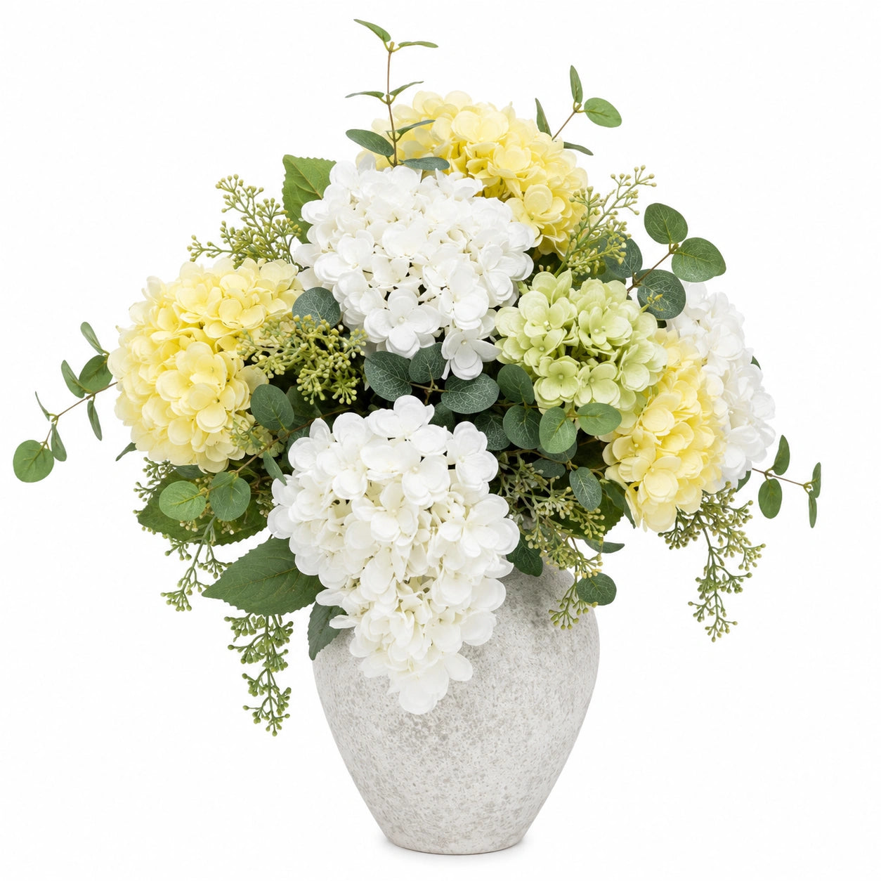 Bouquet d'hortensias artificiels en vase céramique blanc et jaune 30 cm