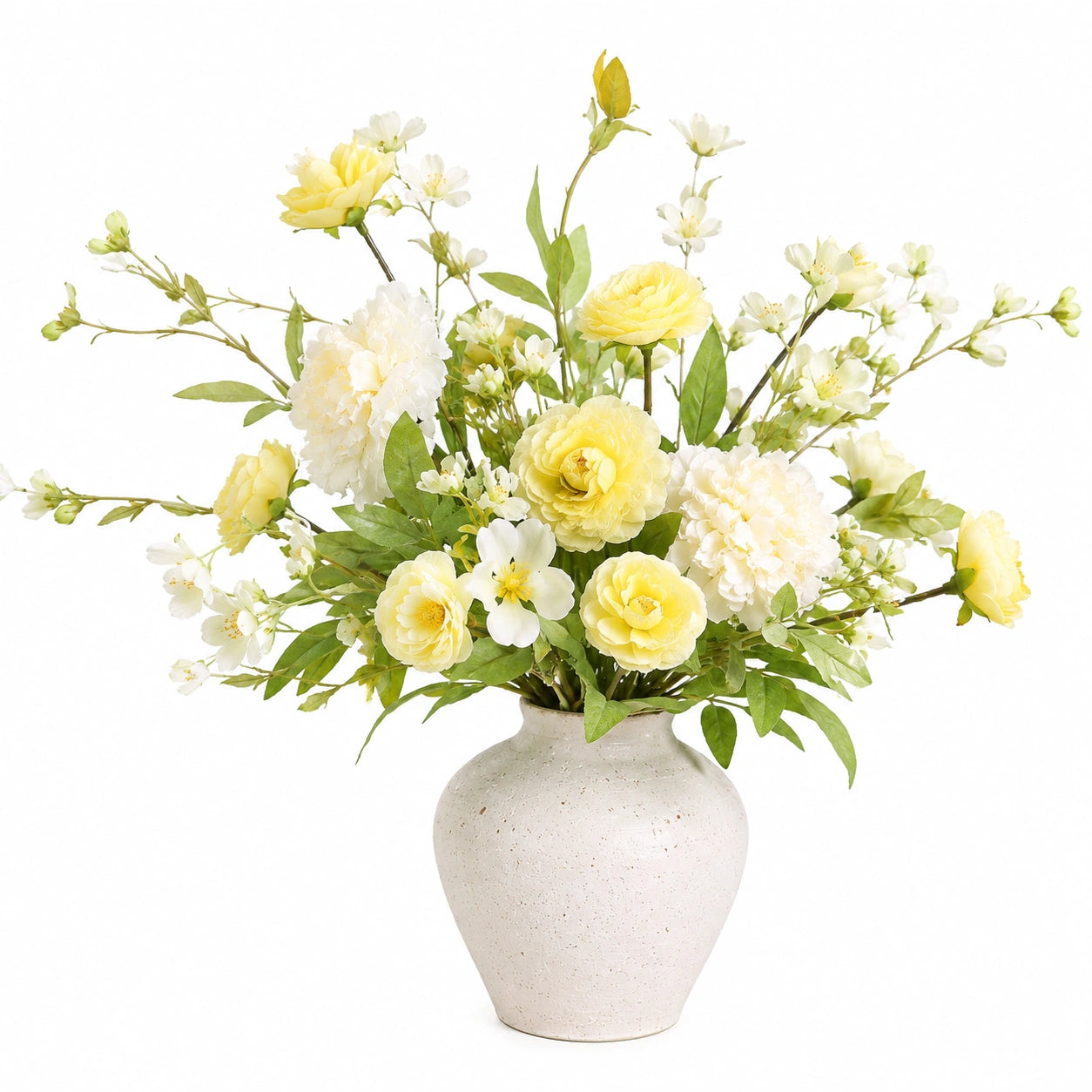 Bouquet de Fleurs Artificielles Jaunes et Blanches avec Vase en Céramique