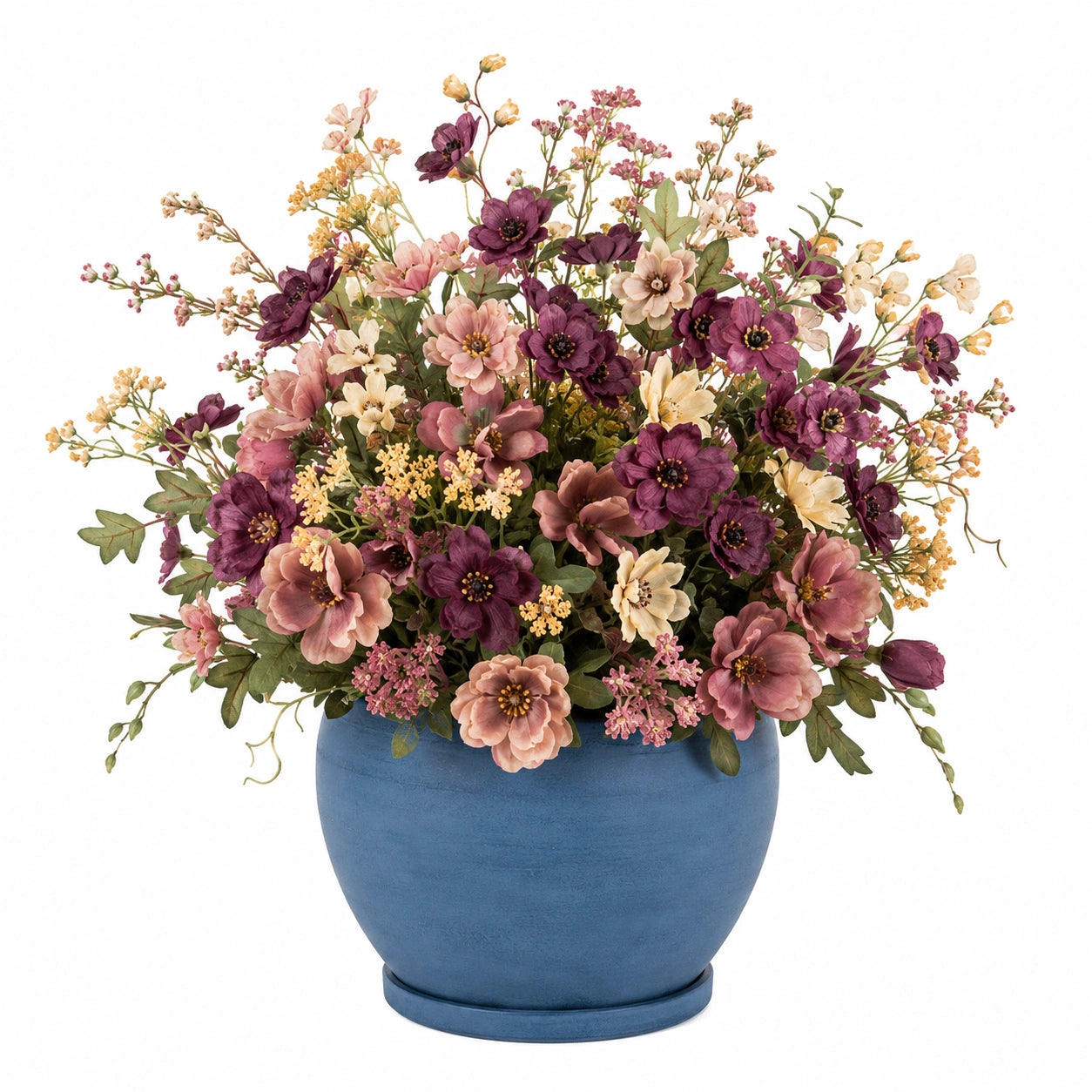 Bouquet de Fleurs Artificielles Mauves et Crème avec Pot Bleu