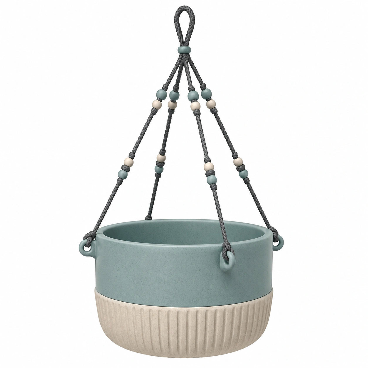 Pot de Fleurs Suspendu Bleu et Beige avec Corde Tressée Décorée