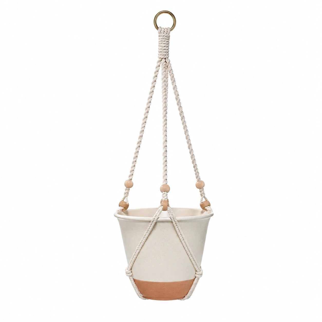 Pot de Fleur Suspendu en Céramique avec Corde en Coton Blanc et Terracotta
