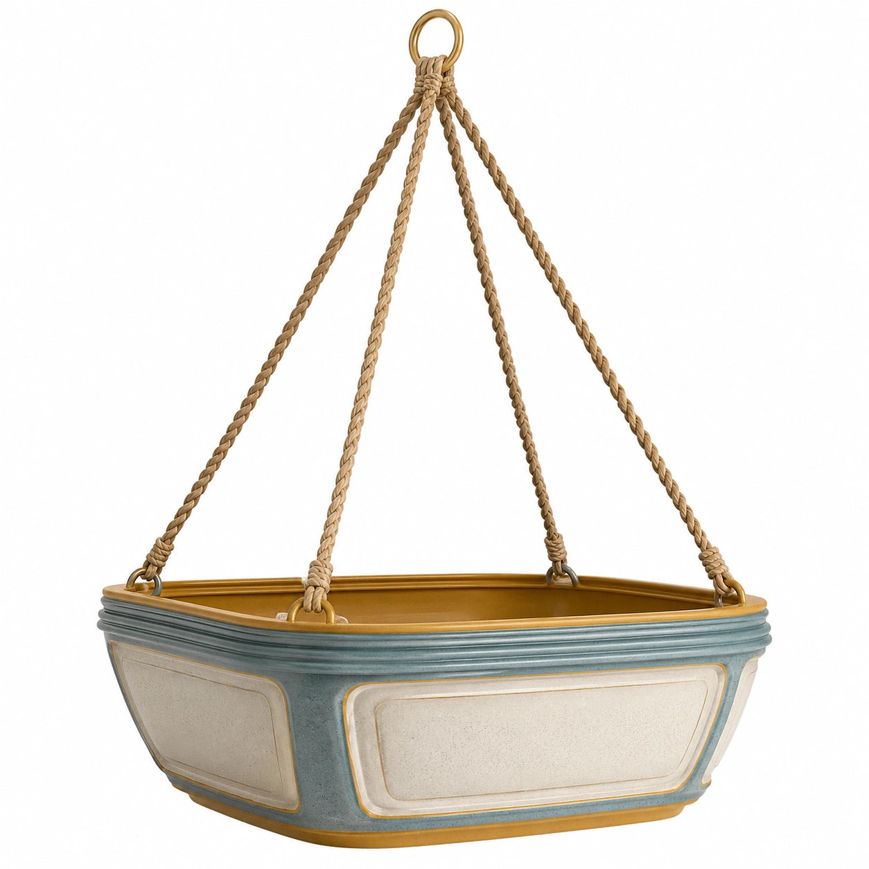Jardinière suspendue rectangulaire corde tressée beige et bleu