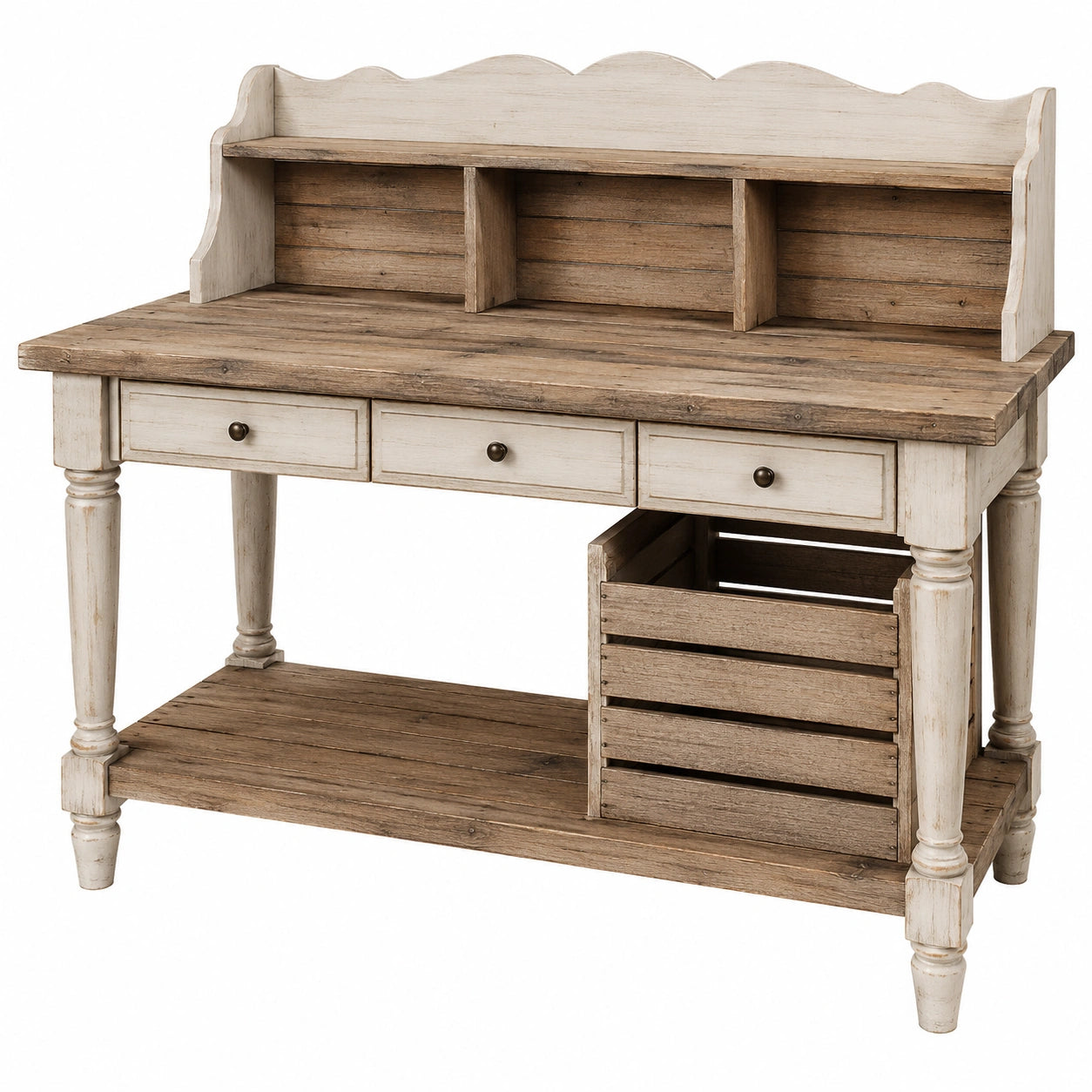 Table de Travail Rustique en Bois Clair avec Tiroirs