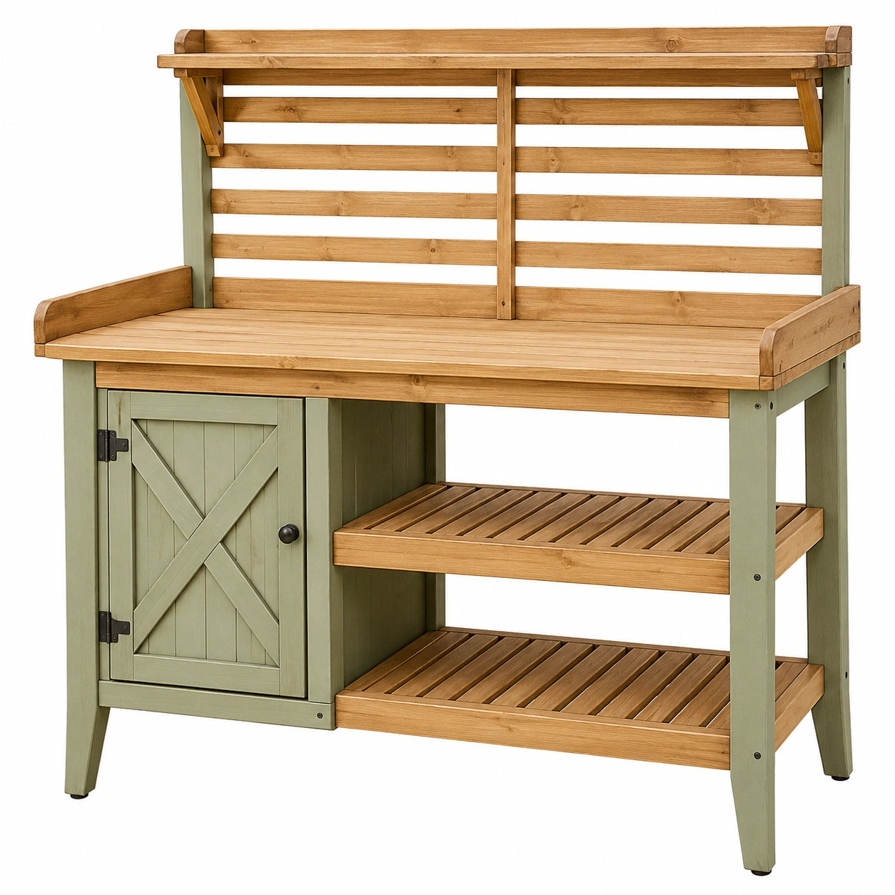 Table de rempotage extérieure en bois et vert avec étagères