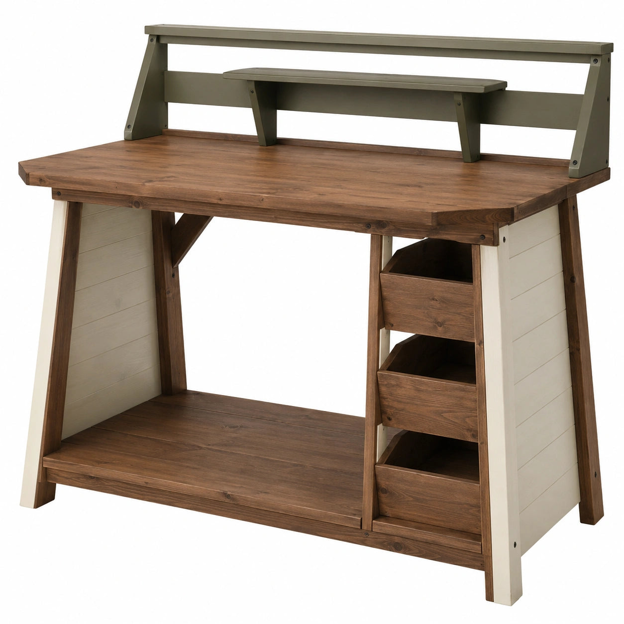 Table de travail de jardin en bois avec étagères intégrées, marron/blanc/vert
