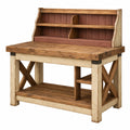 Table de jardinage en bois brun et rouge avec étagères intégrées