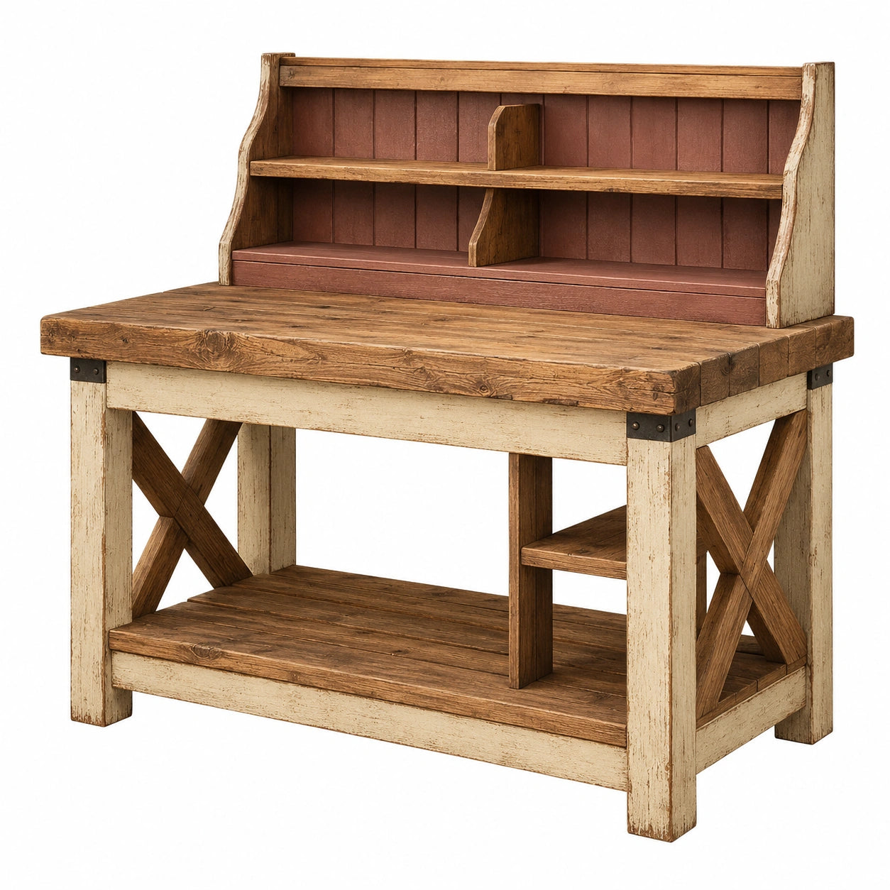Table de jardinage en bois brun et rouge avec étagères intégrées