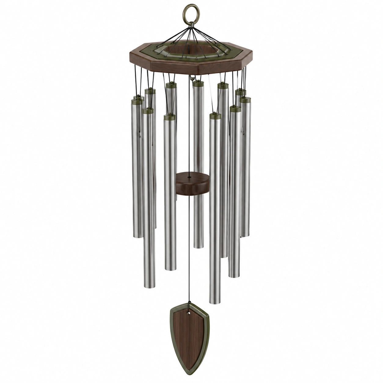 Carillon éolien hexagonal argent et bois pour extérieur