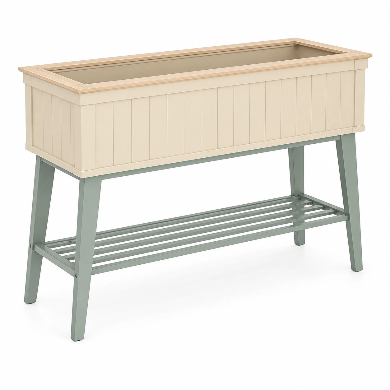 Jardinière surélevée beige et vert avec étagère de rangement