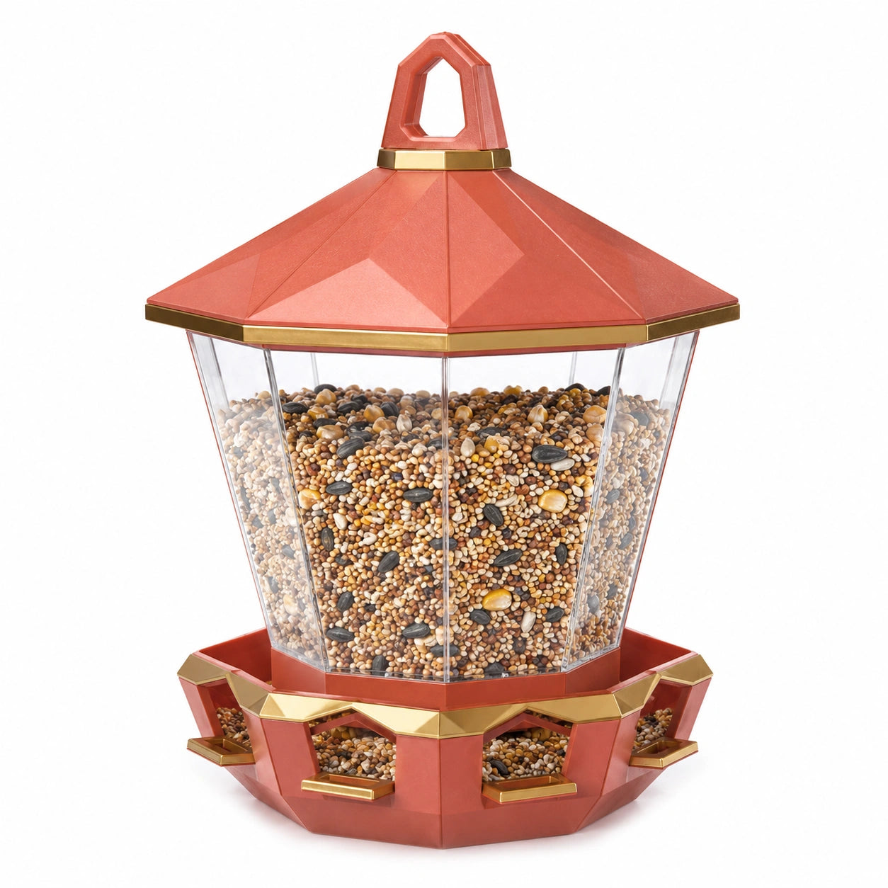 Mangeoire hexagonale rouge et or pour oiseaux de jardin