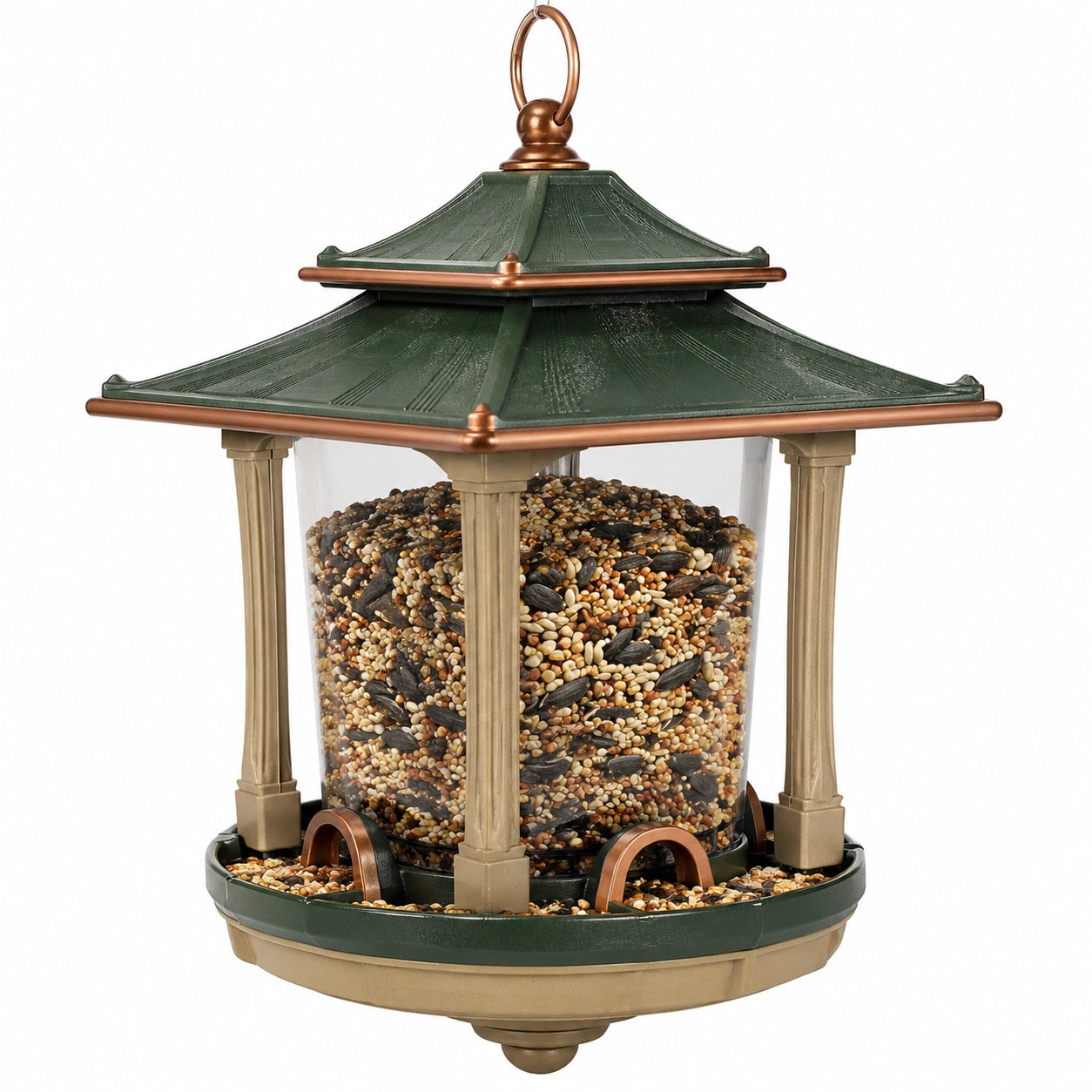 Mangeoire à oiseaux suspendue en forme de pagode vert et bronze 30 cm
