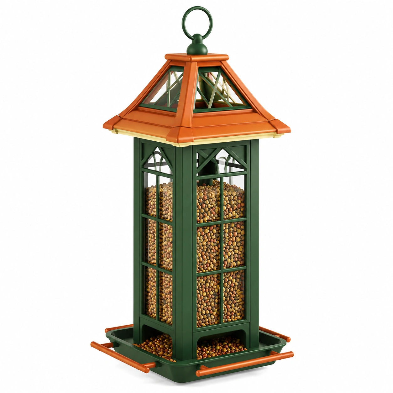 Mangeoire à oiseaux extérieure verte et orange avec toit pyramidal